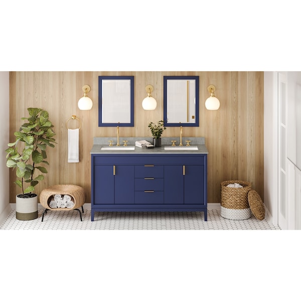 Jeffrey Alexander 60In. Blu Theodora Vanity, Dbl Bowl, Steel Gry Cultured Mrbl Vanity Top, 2 Undrmnt Rctngl Bowls VKITTHE60BLSGR - main